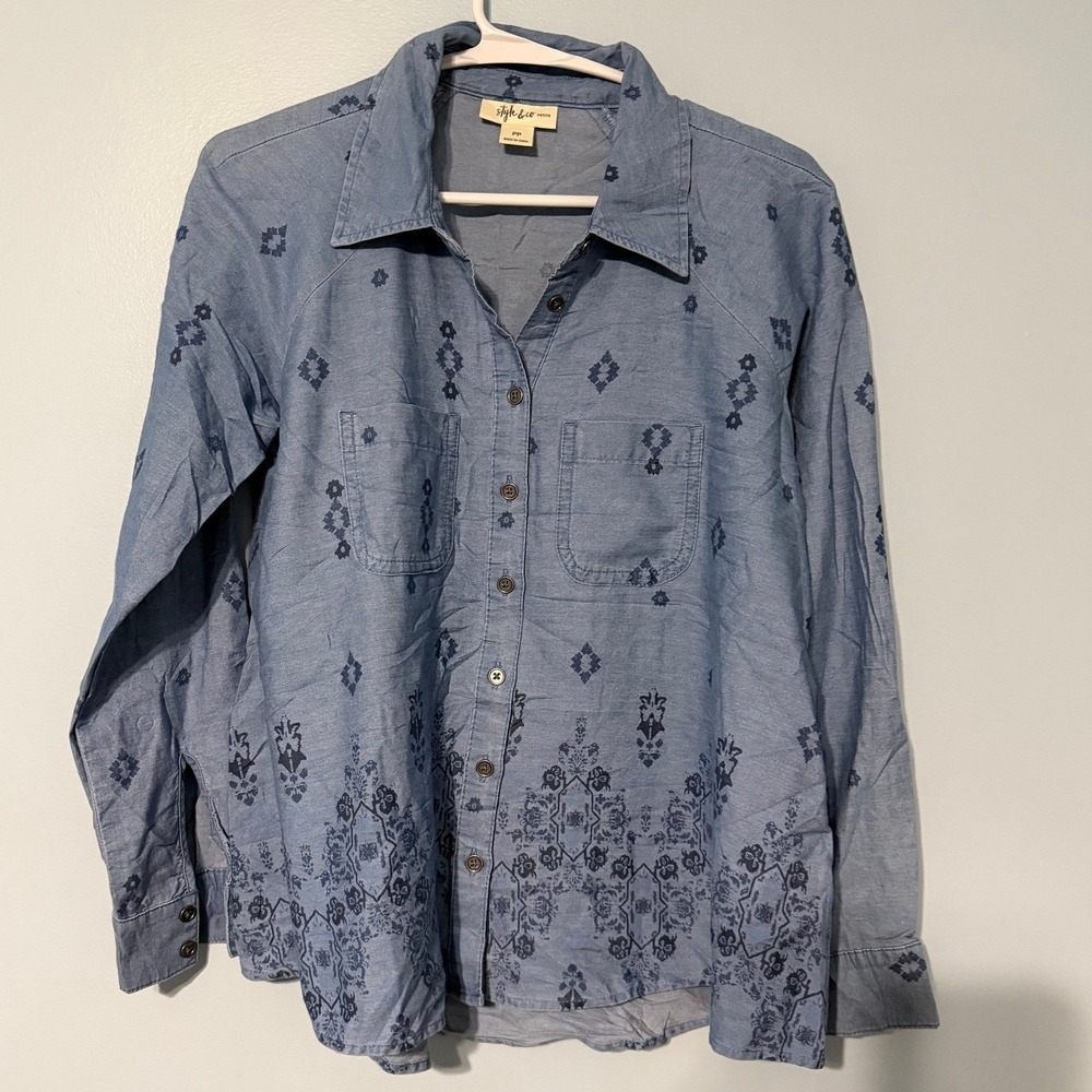 Style & Co Petite Blue Size PP Chambray Boho Button Down Shirt Long Sleeve 0931